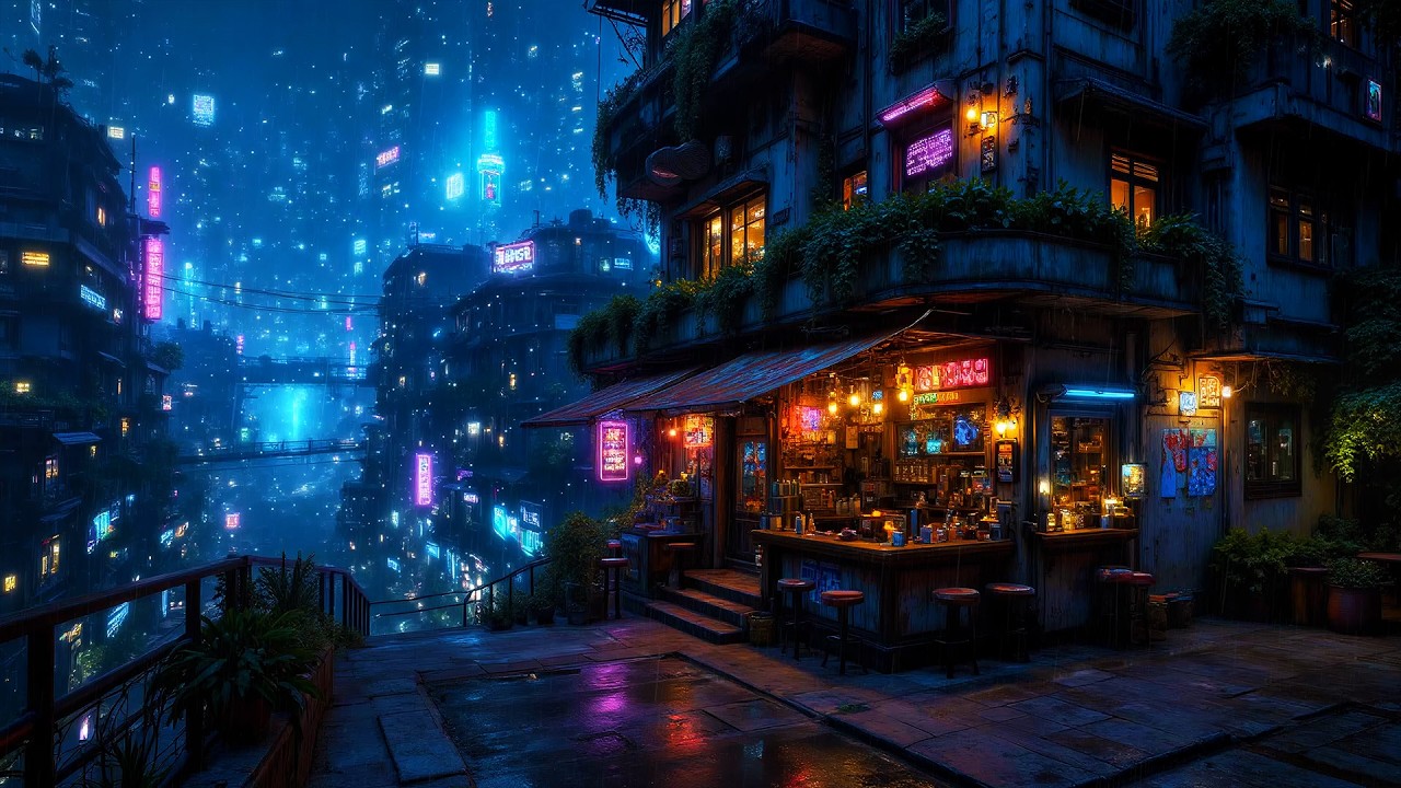 Lofi Ambient – Cozy Sushi Shop in a Rainy Cyberpunk Metropolis | Relaxing Beats for Study | 4K