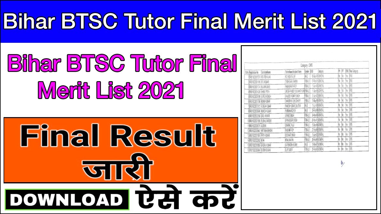 BTSC Tutor final Result 2021,How to check Bihar BTSC final Result 2021,Bihar Technical service Tutor