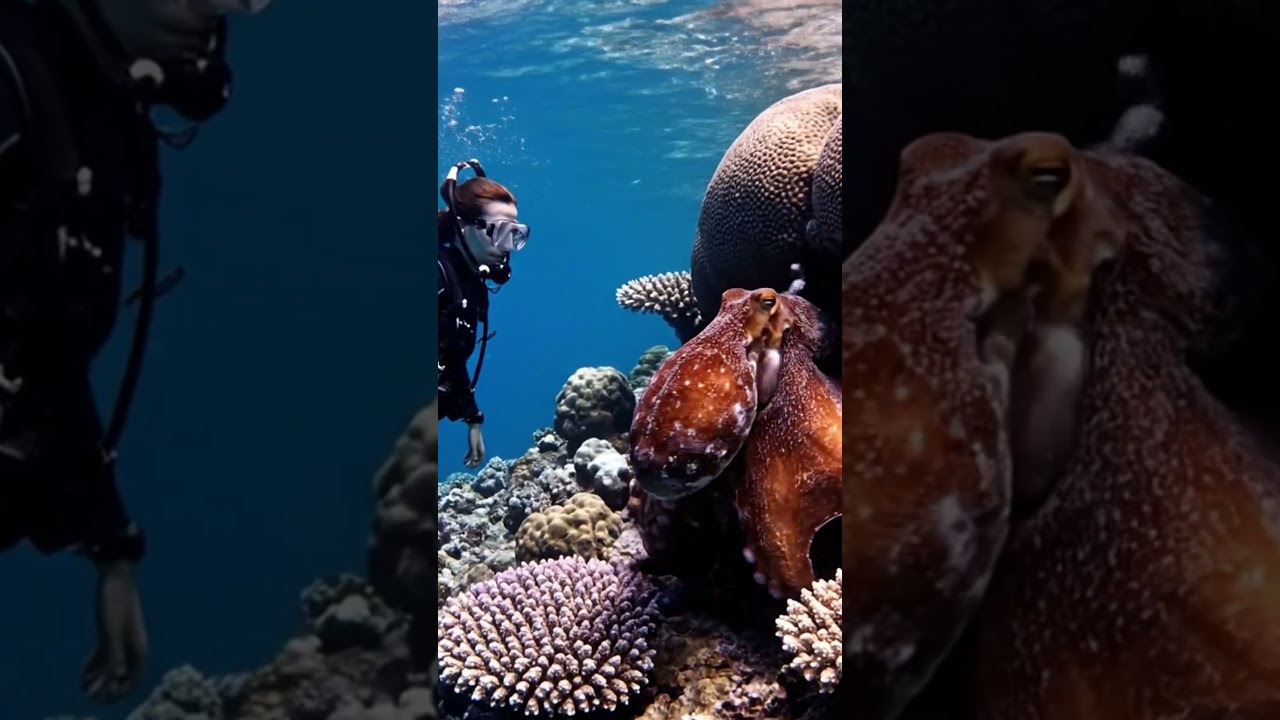 woman diver encounters a large octopus