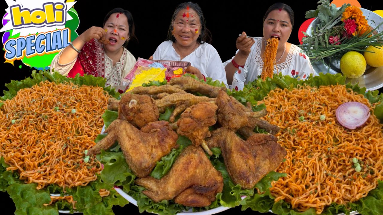 HAPPY HOLI ❤️| SPICY CURRENT NOODLES 🥵CHICKEN WINGS CHICKEN LOLLIPOP EATING CHALLENGE