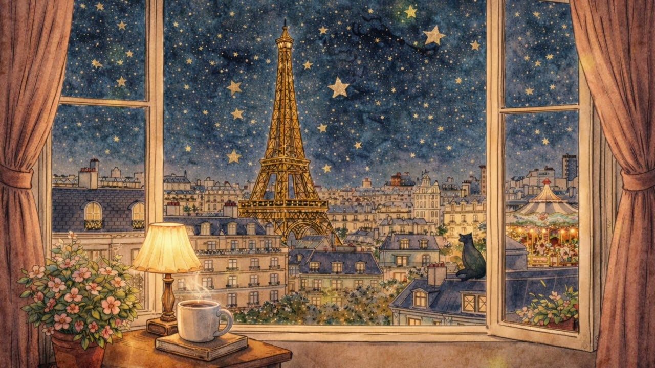 its a rainy night in paris and music is playing in the another room