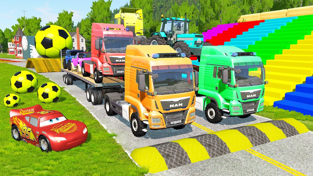 TRANSPORTING PIXAR CARS & FRUITS WITH COLORED & JOHN DEERE vs CLAAS vs TRACTORS - BeamNG.drive 