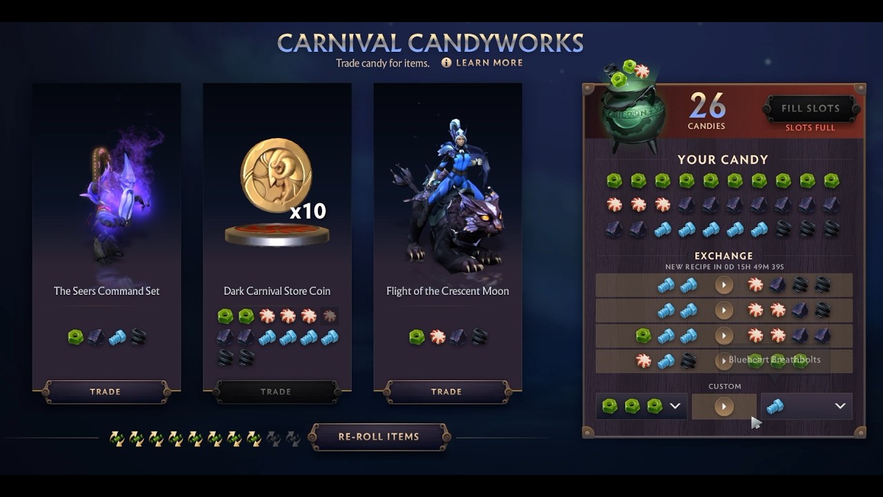 Dark Carnival Dota 2 Event 2026 ( Candy Works ) ( Reroll and I Got 10 coins free )