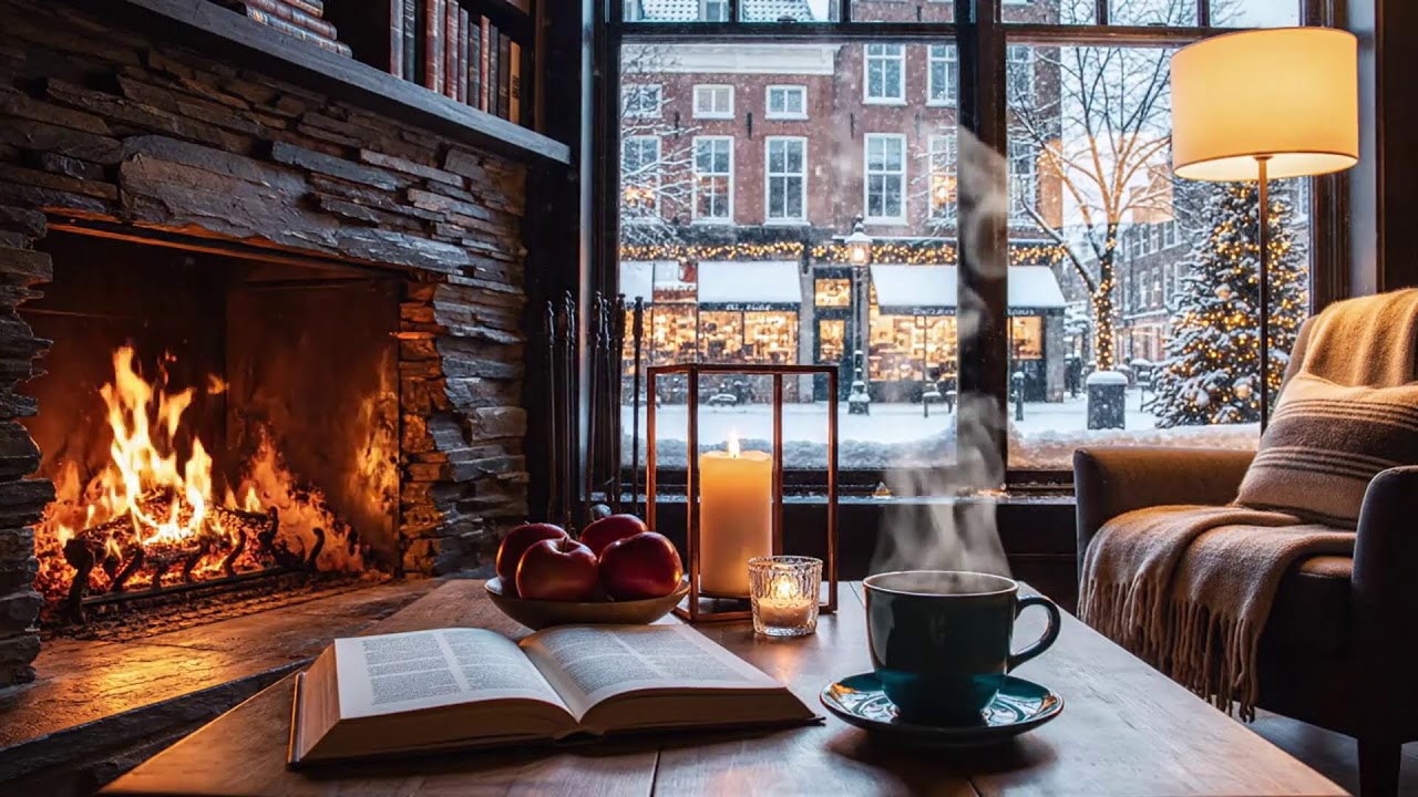 Winter Night Café Sounds ☕ Soft Jazz & Fireplace for Calm Productivity
