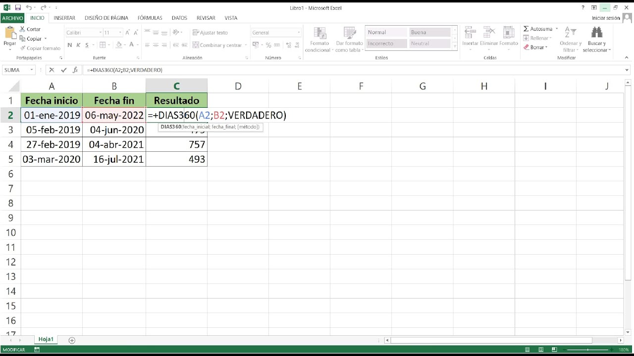 C&oacute;mo Utilizar la Funci&oacute;n DIAS360 en Excel
