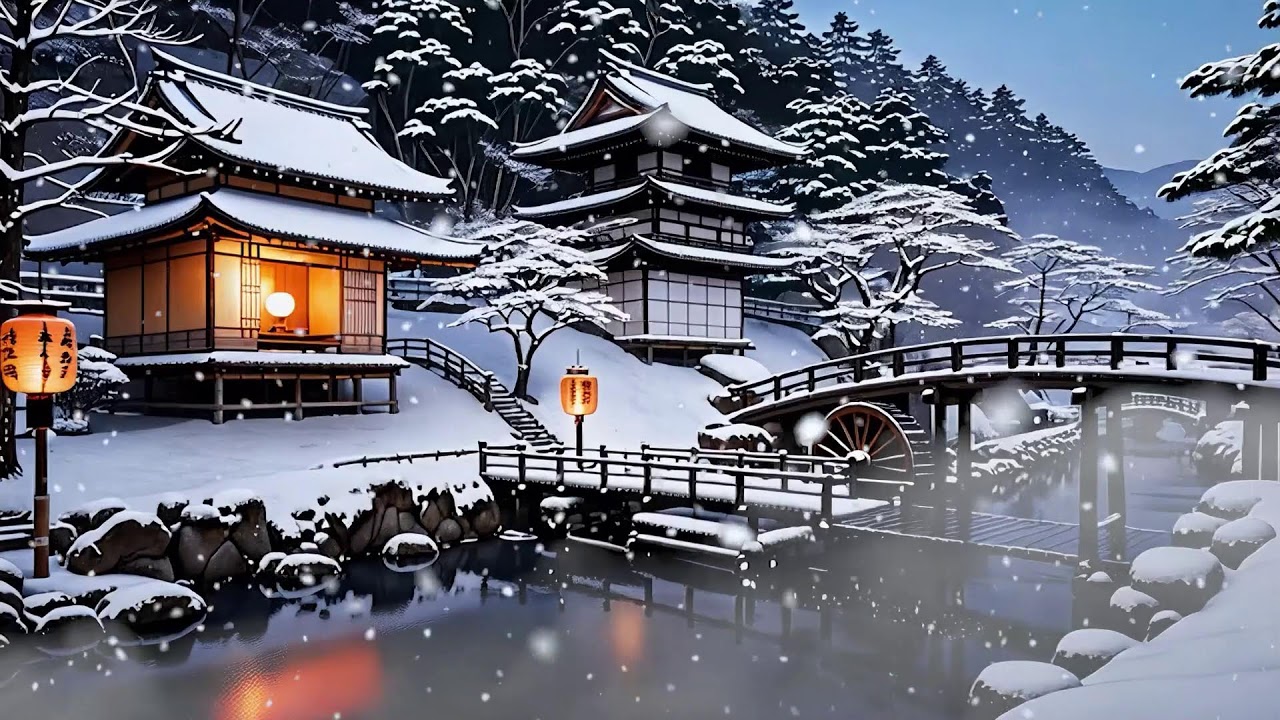 12h Ambient Zen | Music and Water Sounds for Sleep and Relaxation🌙 | 冬の水車瞑想音楽 | Thiền Mùa Đông Vol.7
