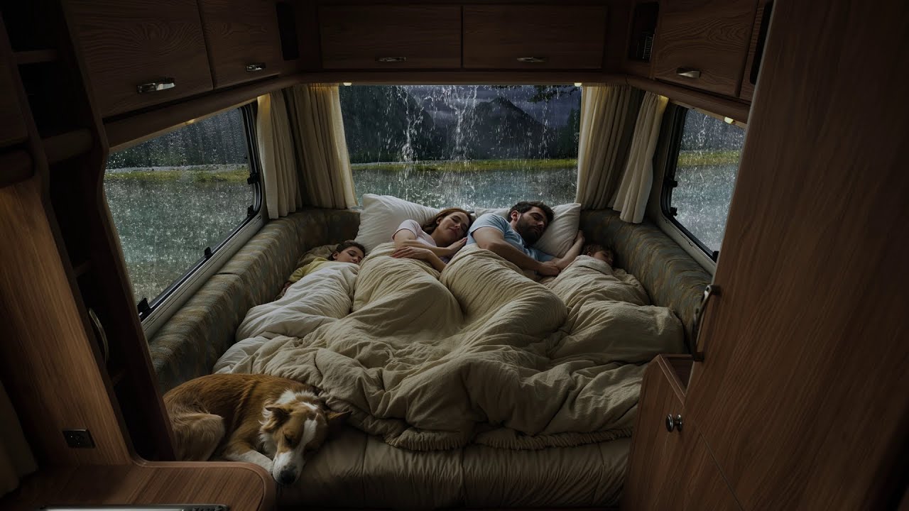 Relaxing Rainstorm Outside While Sleeping in a Warm Caravana at Night