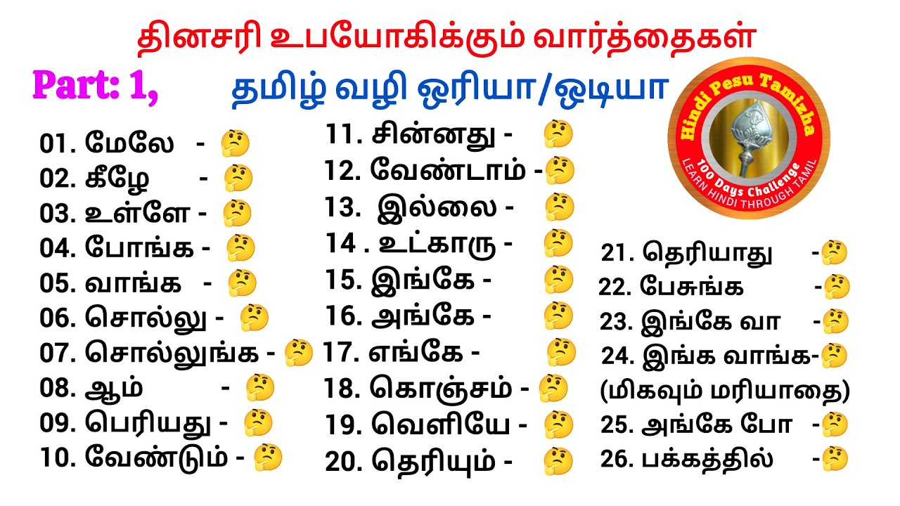 part - 1, Learn Odia Through Tamil. Daily Using common words in Odia Through Tamil. Odia to Tamil.