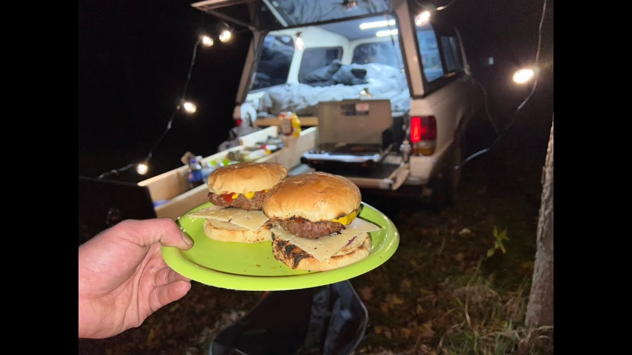 First overnight with the truck camper. Goat Burgers on the grill. 19°F… Wake up to snow!!!! E01