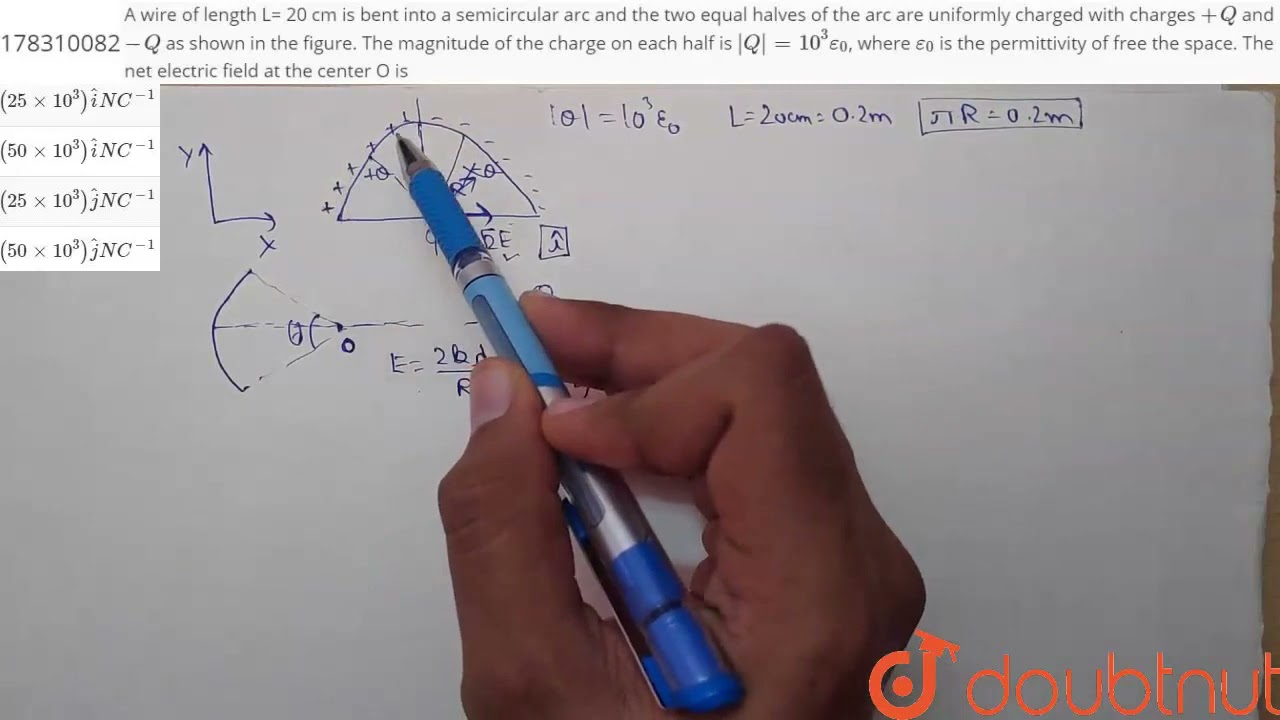 A wire of length L= 20 cm is bent into a semicircular arc and the two equal halves of the arc ar...