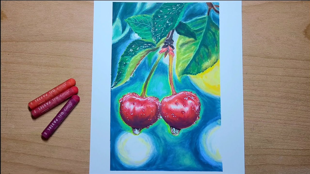 오일파스텔 체리 그리기 Oil Pastel Cherry Drawing｜Water Drop Highlight Technique