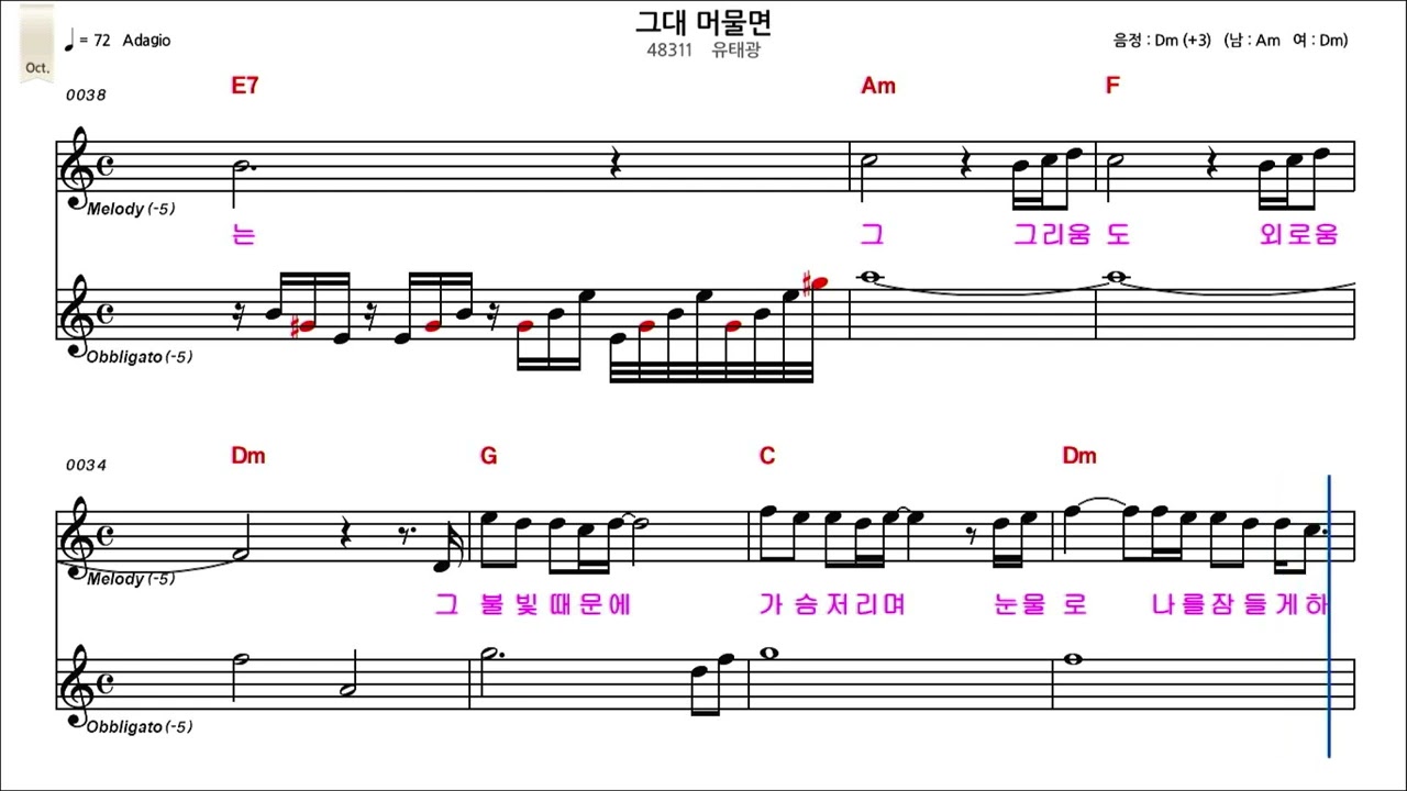 그대 머물면[유태광]  여자 키 +3도 Dm-Am이조