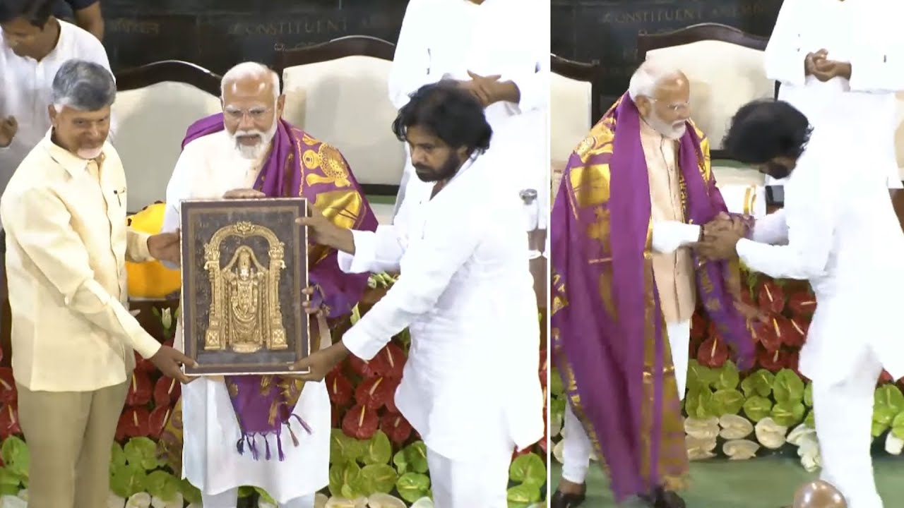 Pawan Kalyan and Chandrababu Naidu Felicitates PM Modi After NDA Parliamentary Party Meeting