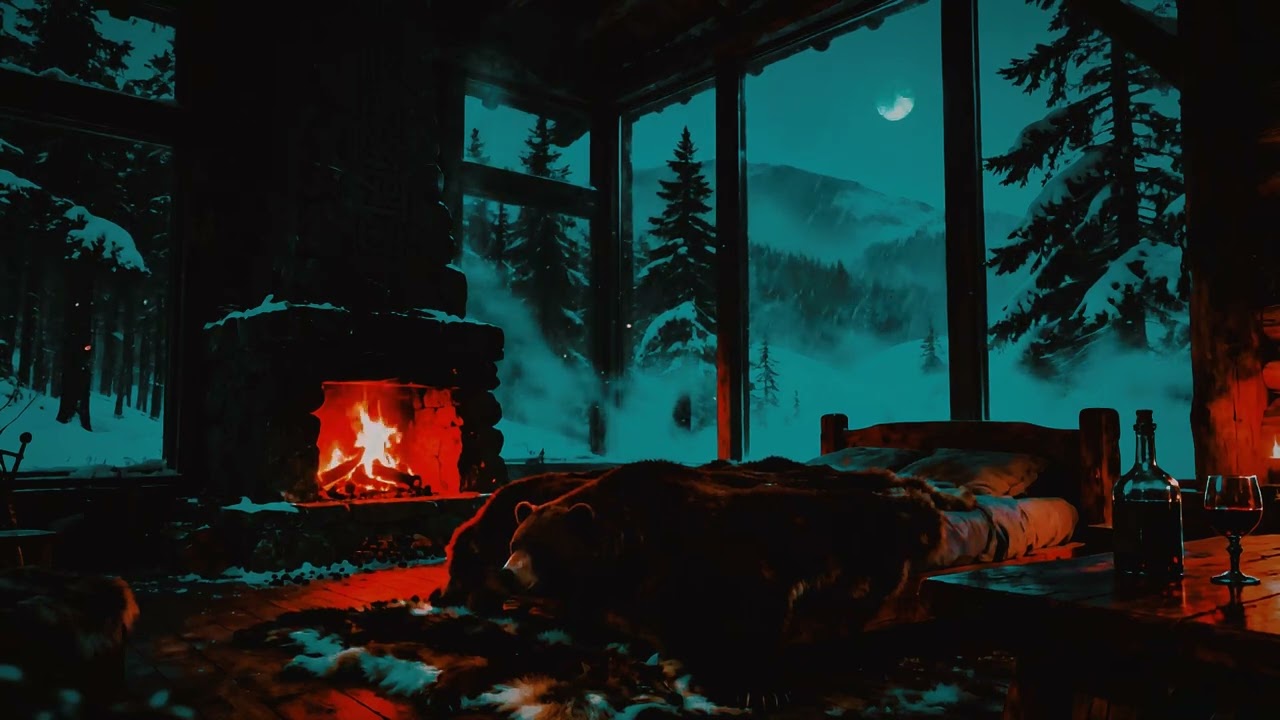 Cozy Winter Cabin Ambience 🔥 Pretty Crackling Fireplace Soft Falling Snow 😴 No Ads Sleep Night Nice
