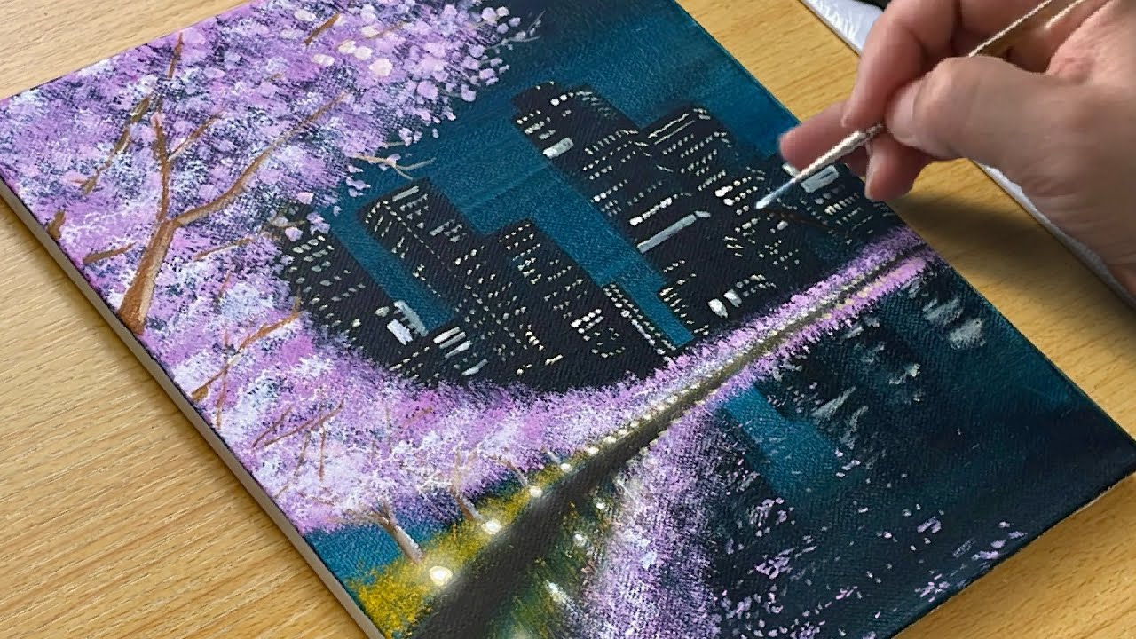 How to Draw Cherry Blossom Scenery / Acrylic Painting