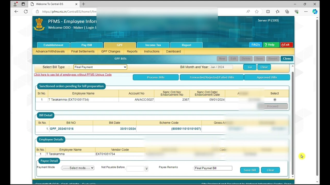 #PFMS EIS : Preparing GPF Final Payment Bill