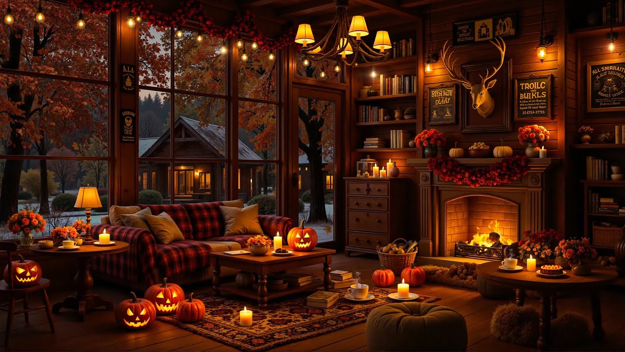 Haunted Autumn Cabin Jazz 🍁 Warm Fireplace Glow & Soft Jazz Piano for Focus, Work and Peaceful Mood