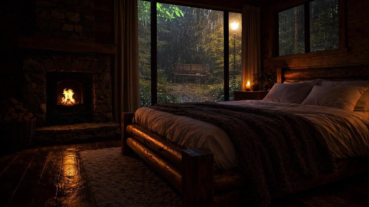 Cozy Cabin Bedroom at Night | Fireplace Crackling & Gentle Rain Sounds for Sleep