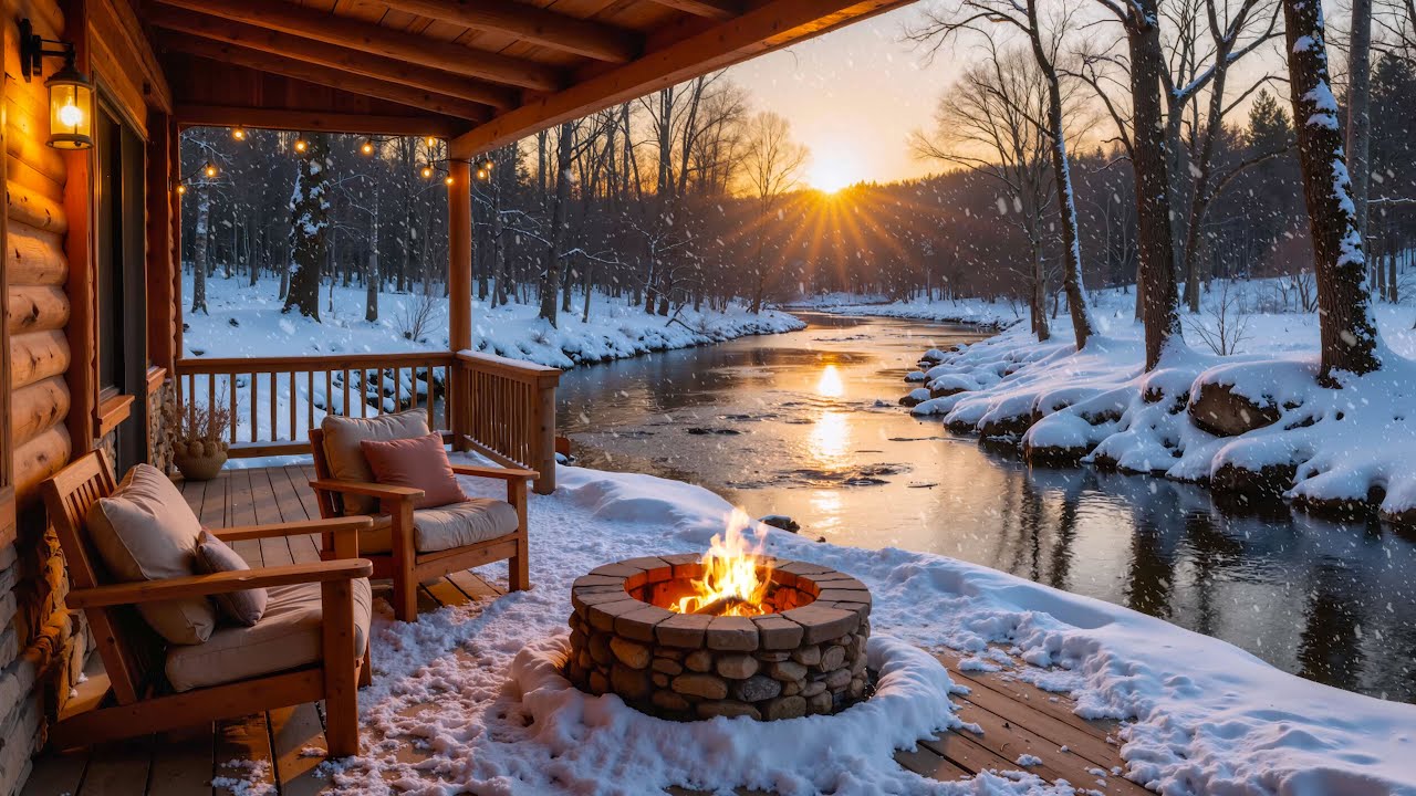 Cozy Riverside Winter Cabin ❄️ Sunrise Fire Pit, Falling Snow & Peaceful River Ambience