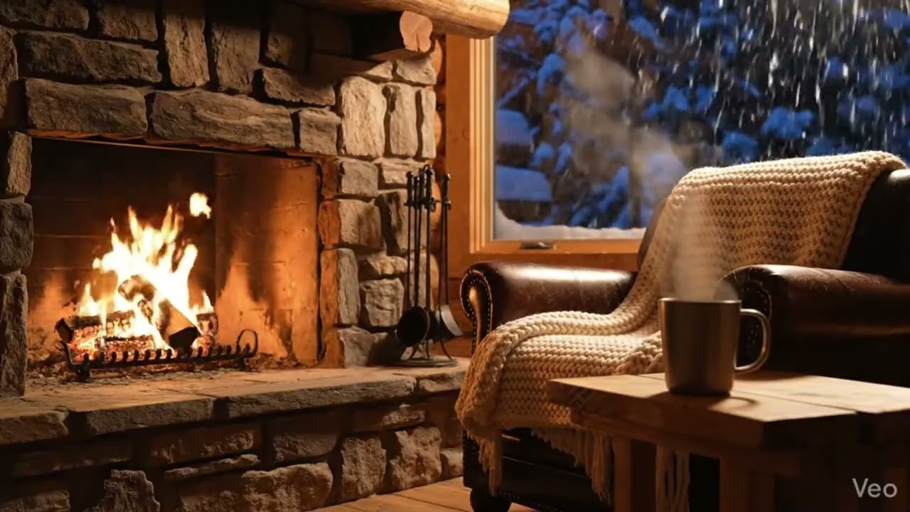 cozy cabin snowstorm fireplace(3hrs)