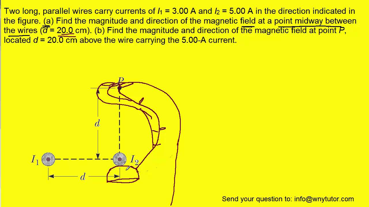Two long, parallel wires carry currents of I1 = 3.00 A and I2 = 5.00 A in the direction indicated in