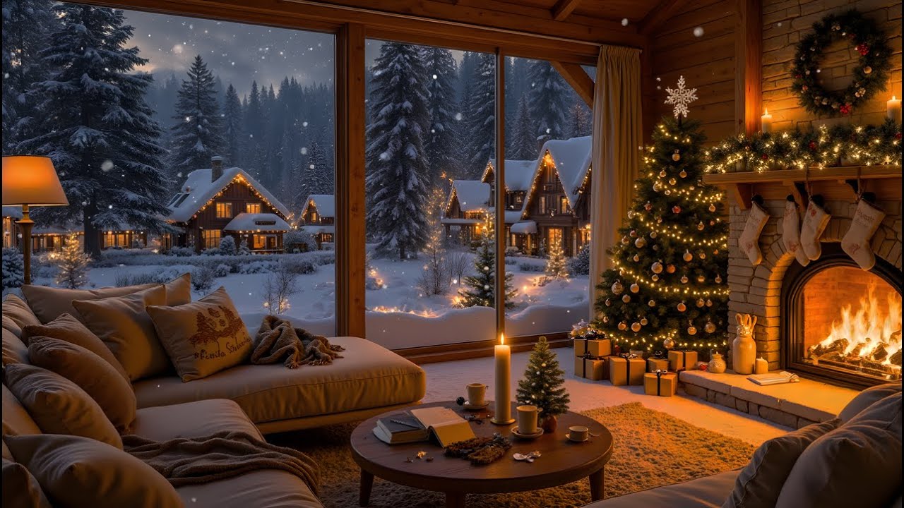 Cozy Fireplace & Falling Snow -  Peaceful Winter Ambience -  Relaxation and Sleep Music 🌨️