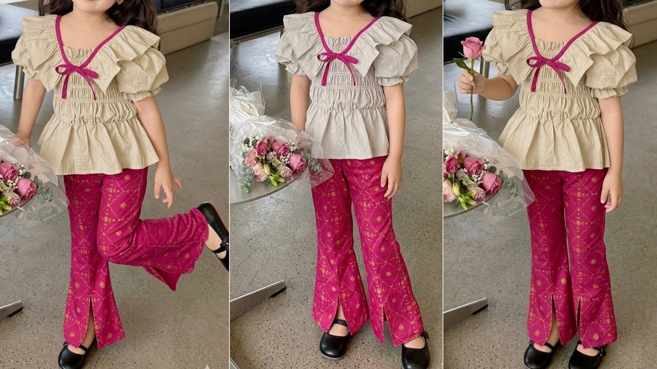 Baby Bowknot Ruffles Short Sleeve Top With Bell Bottom Pant Cutting and Stitching | DIY Baby Dress