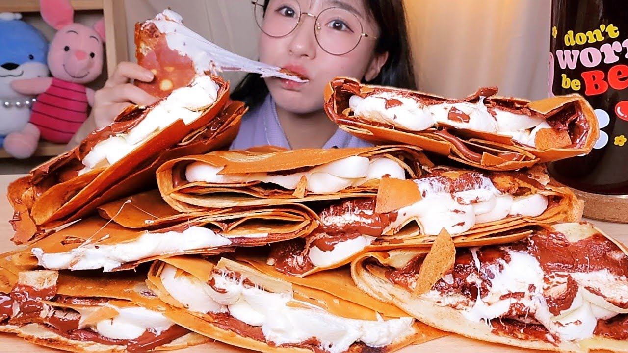 바삭한 누텔라 스모어 크레페🤎 쌓아놓고 먹어보자 마시멜로우 누텔라 크레페 디저트 먹방 Dessert Mukbang