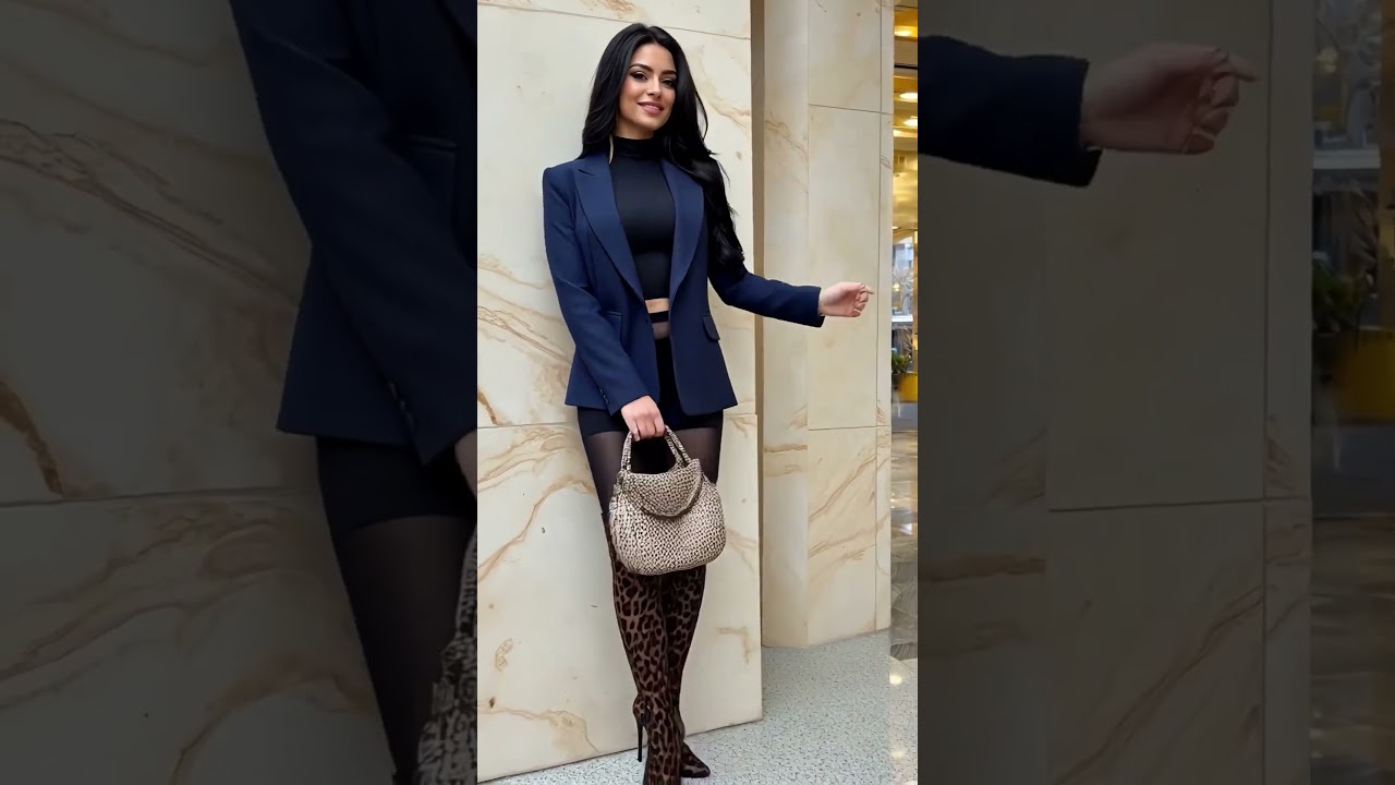 Blue & Leopard : Contemporary navy blazer dress with gold hardware detail, black hosiery