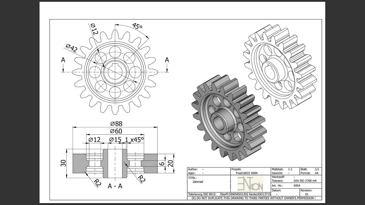 FreeCAD 22 K004 Zahnrad Gerade Verzahnt Aufpolsterung Tasche Spiegeln Polares Muster Verrundung Fase