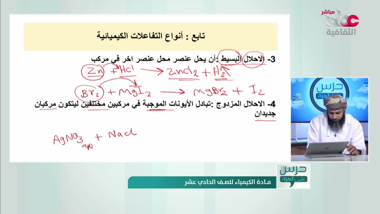 شرح درس أنواع التفاعلات الكيميائية للصف الحادي عشر الفصل الثاني - كيمياء