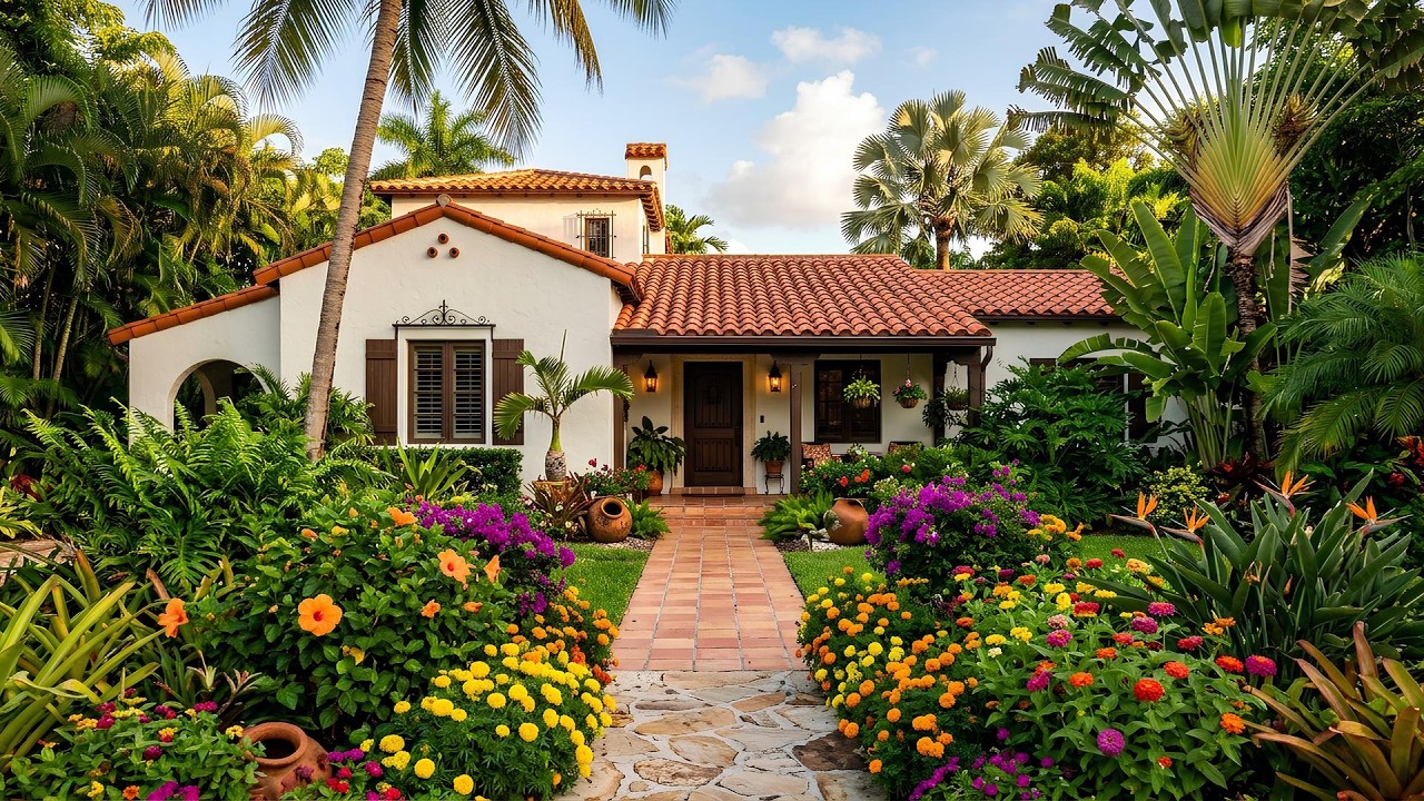 Spanish Style Home With Lush Tropical Garden, Colorful Flowers and Terracotta Tile Roof