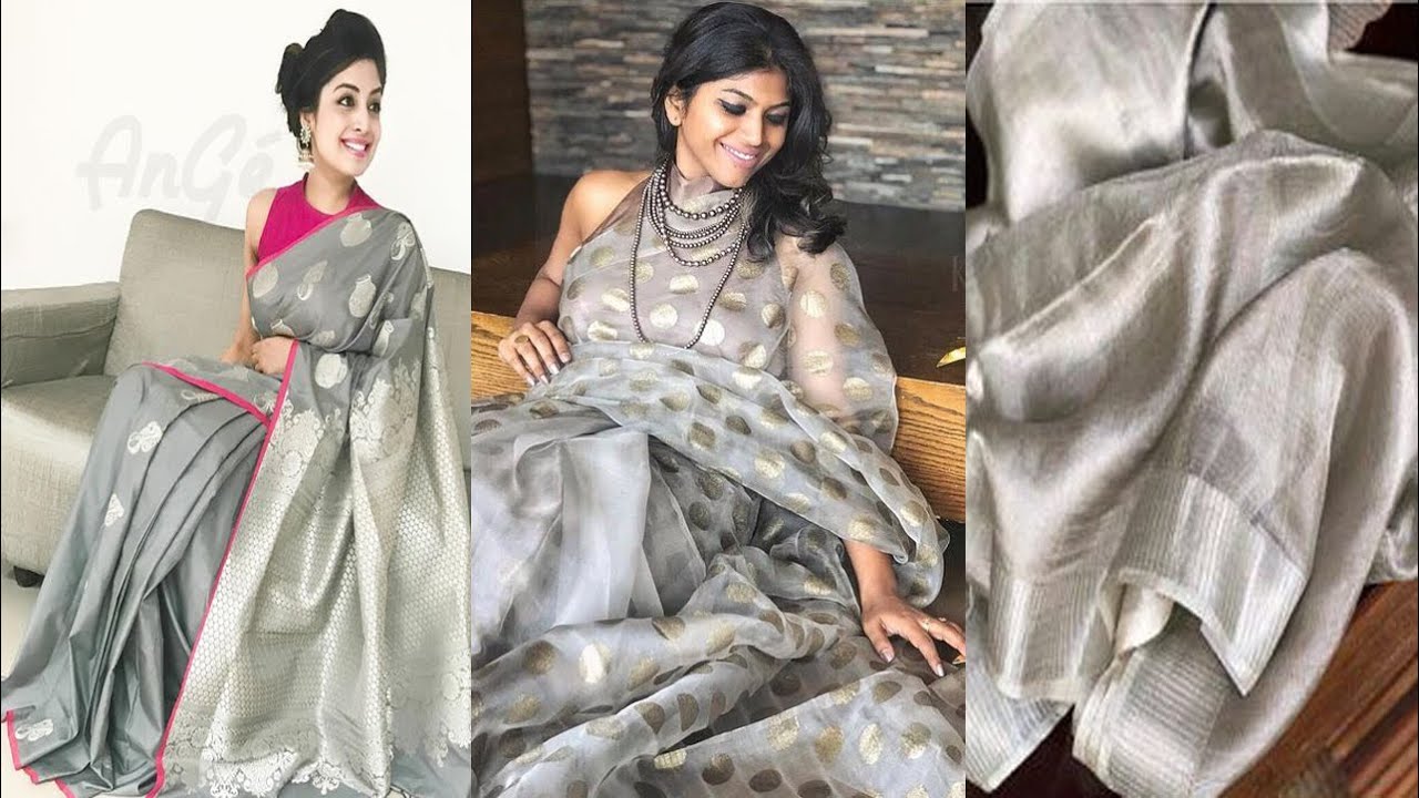 Grey Colour Sarees styling ideas, Amazing Grey silk saree designs, Grey saree contrast blouse ideas