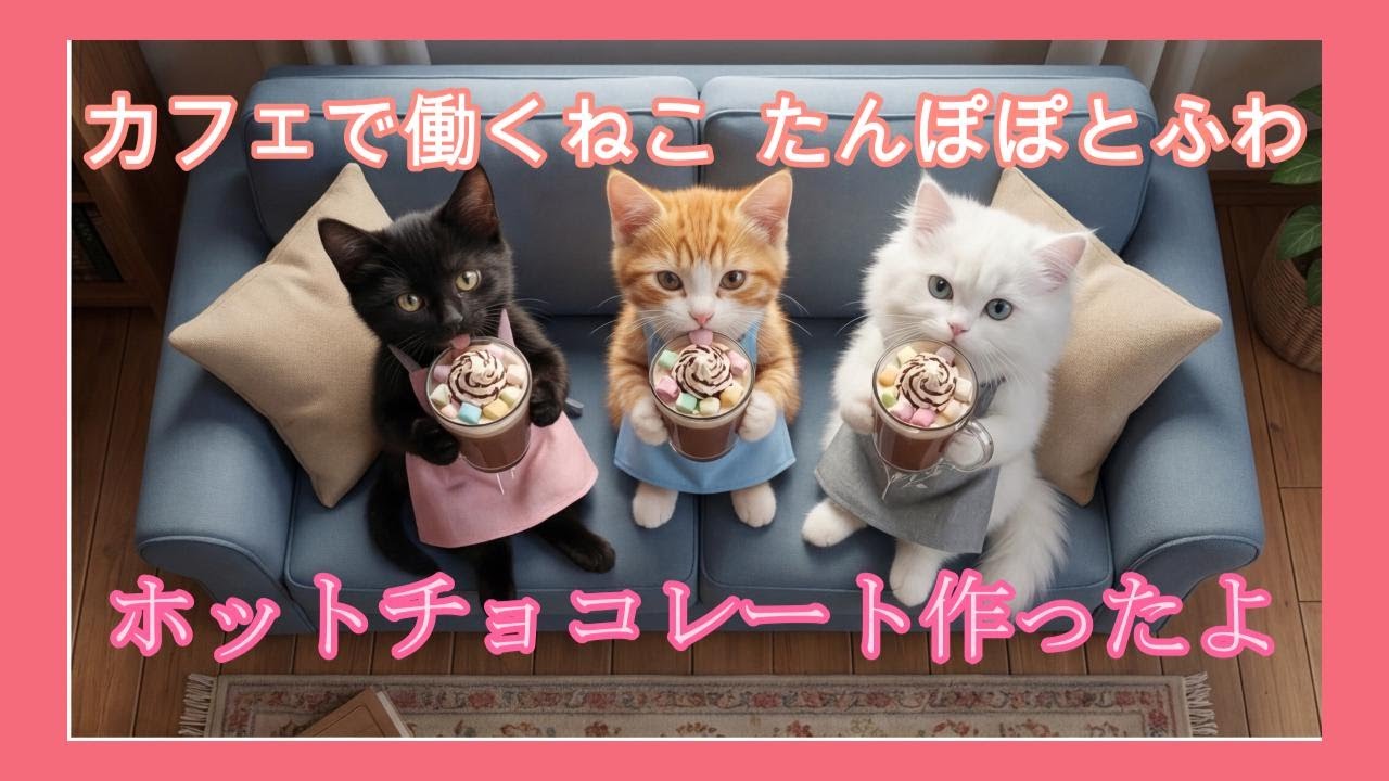 黒猫ルルの新メニュー ホットチョコレートを作ったよ。 -カフェで働くねこ たんぽぽとふわ- [AI猫] [A cute kitten cafe and a relaxing story]
