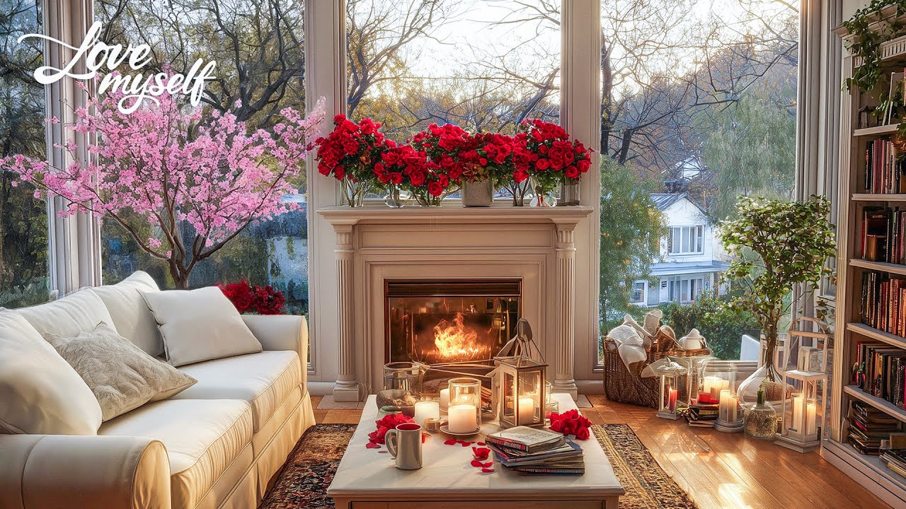 Relaxing Spring Ambience🌺Soft Fireplace Sounds in Living Room, Calming Piano Music