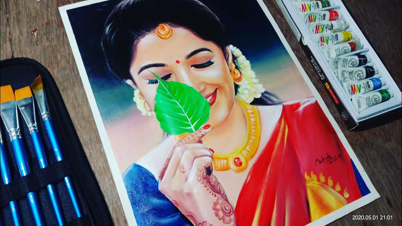 Beautiful Indian girl oil painting/ south indian bride