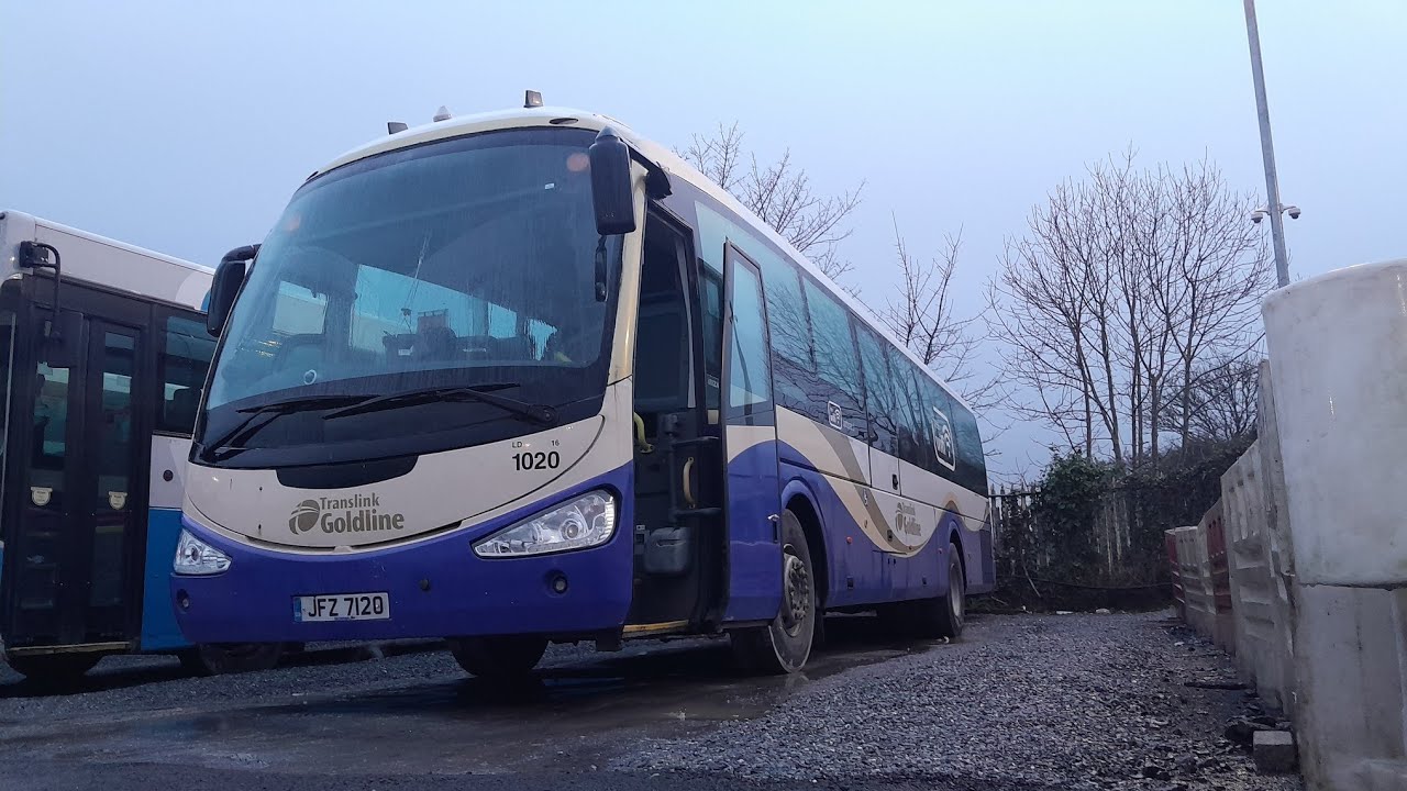 A very rainy tour on  SCANIA IRIZAR bus Translink Goldline 1020 parked at Pennyburn in Derry.