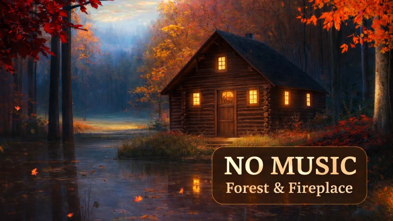 Autumn Forest Cabin Ambience (No Music) 🍂🔥 | Fireplace & Night Forest Sounds (3 Hours)