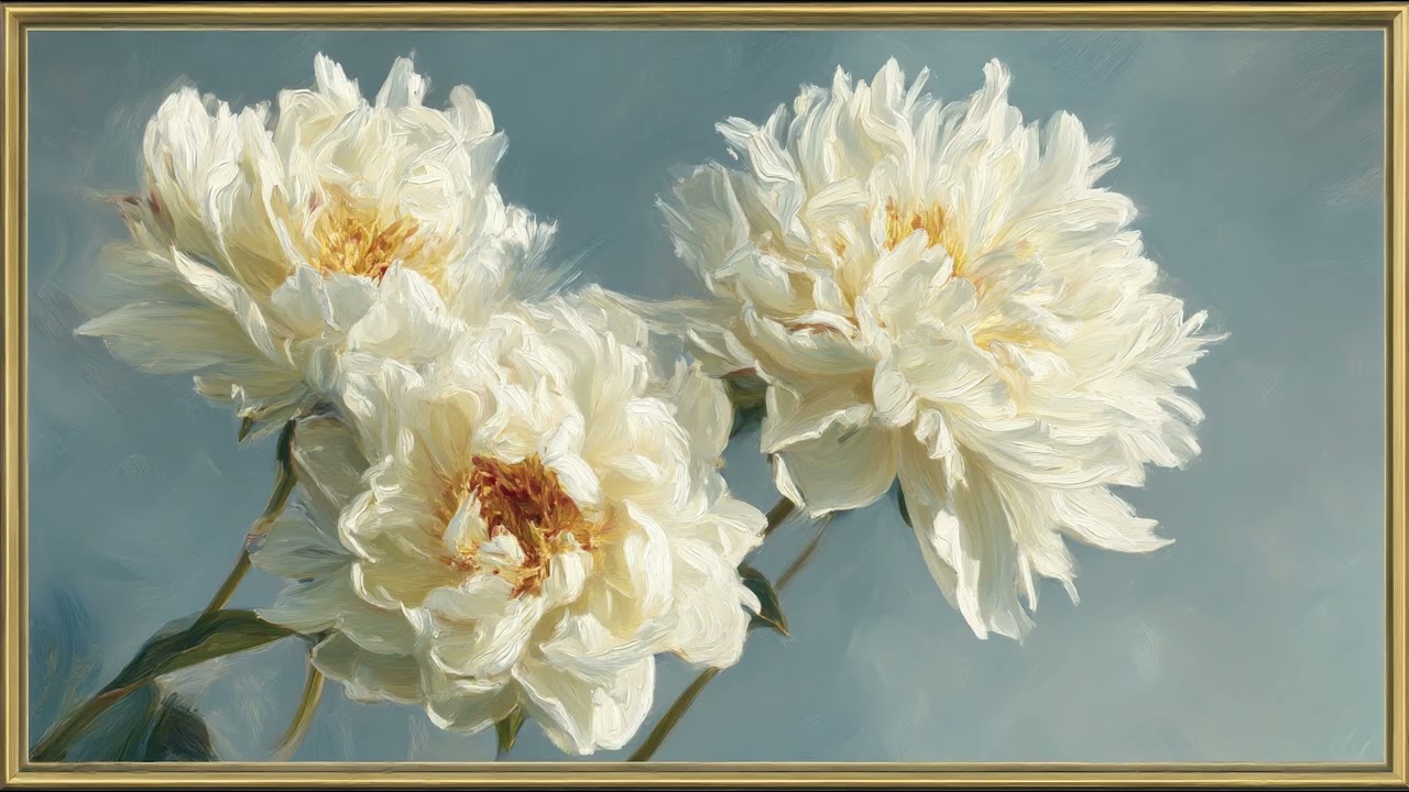 Vintage White Peonies Oil Painting |  TV Art with Gold Frame | Relaxing Floral  | 8 Hours