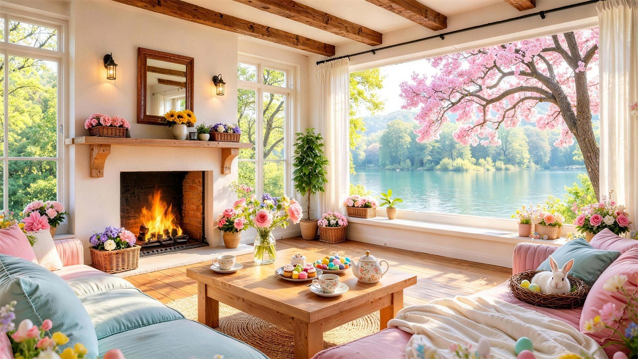 🐰 Cozy Easter Ambience with Relaxing Piano Music 🌿 Fireplace with Cute Bunnies & Spring Atmosphere