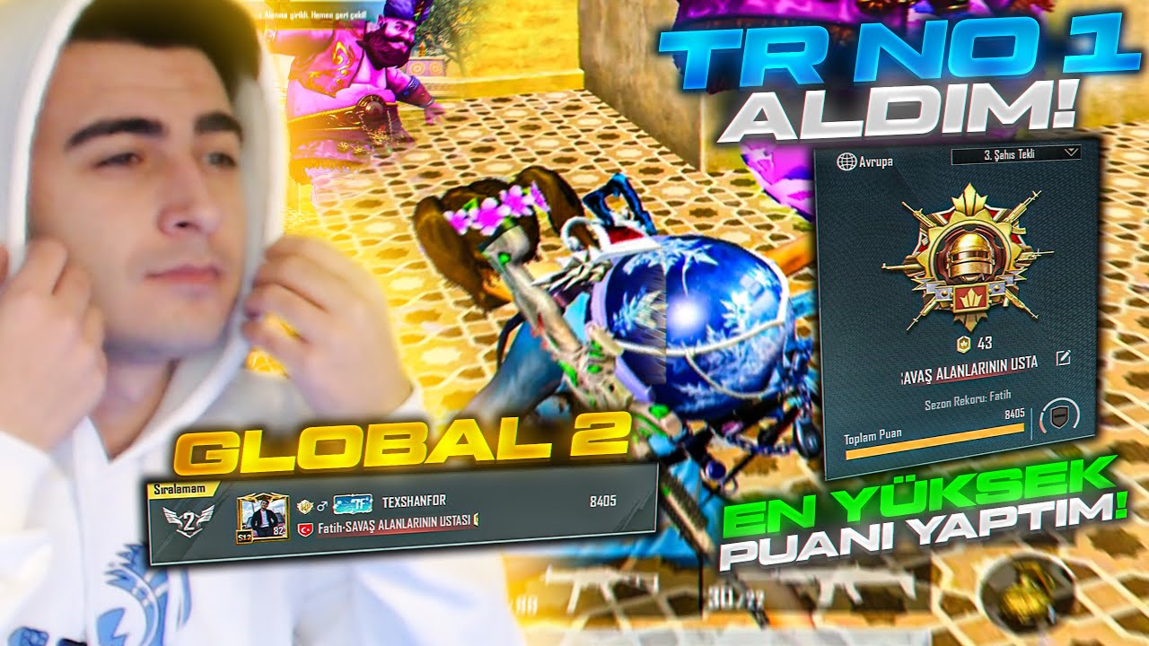 TR NO 1 ALDIM! TEKLİ ÜŞN TÜRKİYE'NİN EN YÜKSEK PUAN REKORU 8405! PUBG MOBİLE SOLO RANK GLOBAL 2!