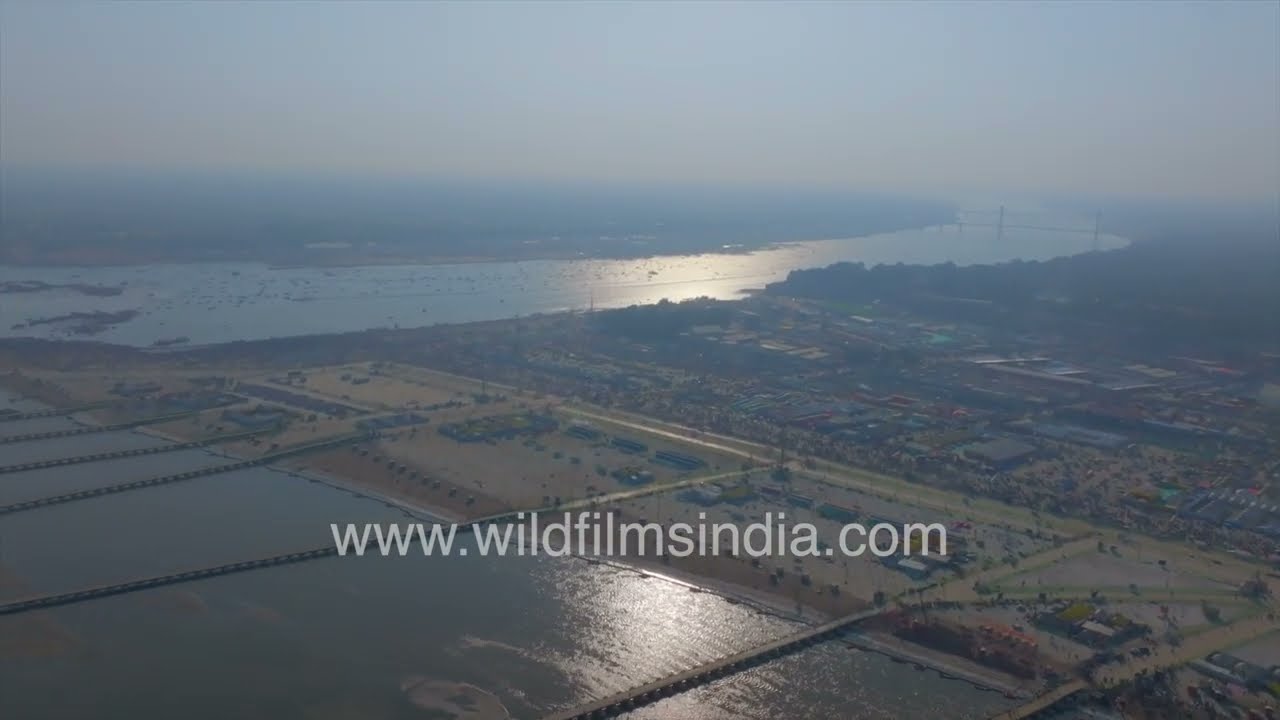 A remarkable high-angle view of the Maha Kumbh Mela at the sacred Triveni Sangam in Prayagraj,