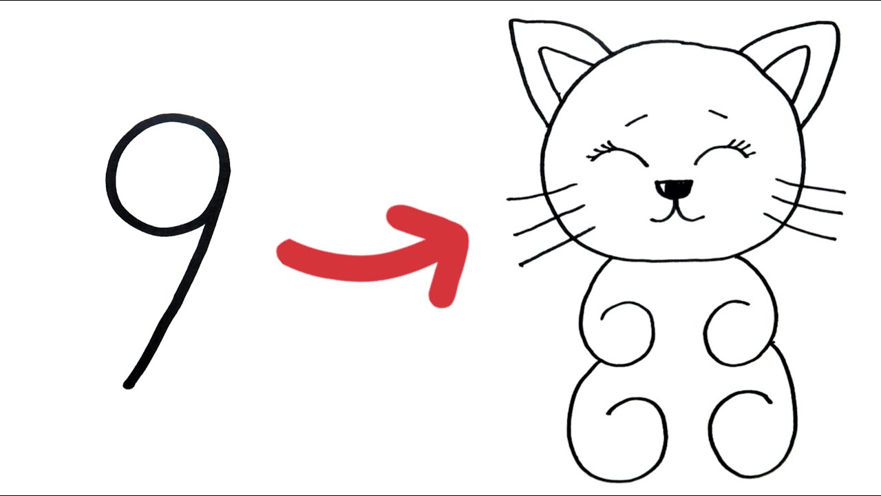 How to Turn Number 9 into Cat Art Easy &  Drawing for Beginners