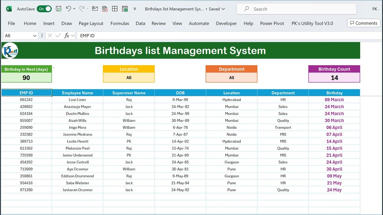 Birthday List Management System in Excel | Step by Step tutorial