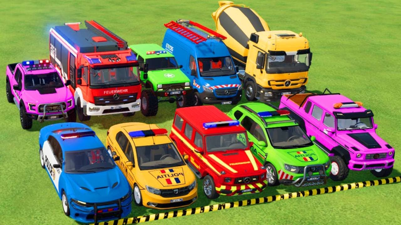 TRANSPORTING POLICE CARS, AMBULANCE, FIRE TRUCK, COLORFUL CARS WITH TRUCK -FARMING SIMULATOR 22!