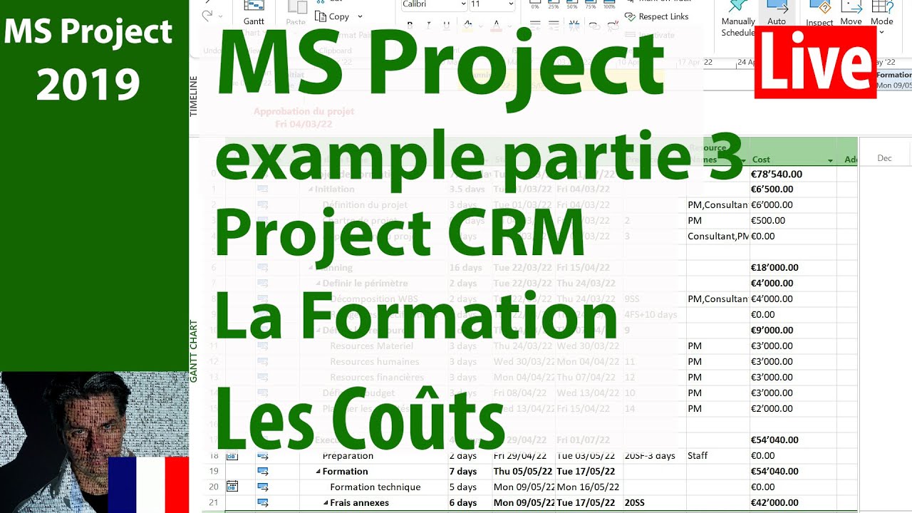 Ms Project  2019 ● Apprendre par Un Exemple ● Training Project CRM ● Les Coûts