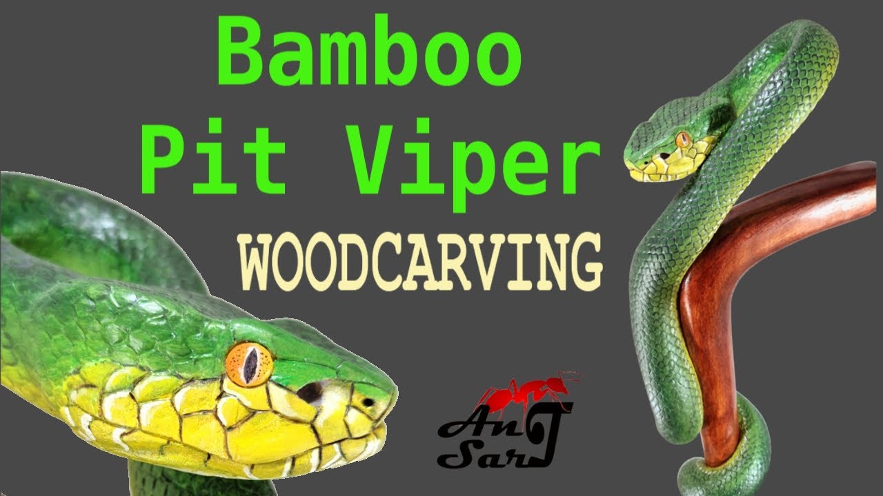 Woodcarving snake art - Bamboo Pit Viper walking cane wood sculptures