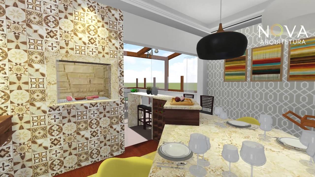 Projeto de interior de &aacute;rea social, com lareiras, churrasqueira e balc&atilde;o integrando com terra&ccedil;o