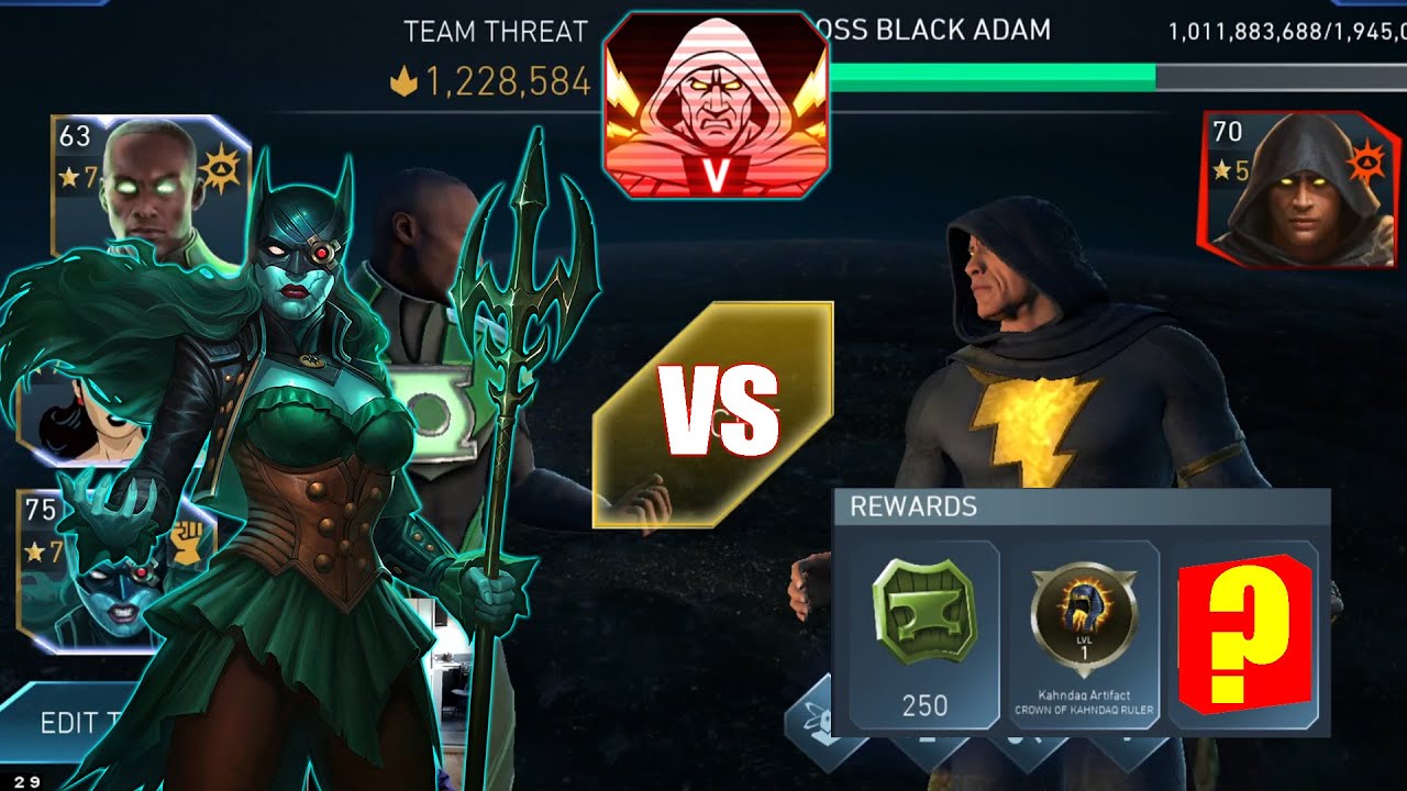BWTD уничтожает финального босса Heroic 5, Черного Адама, в Injustice 2 Mobile