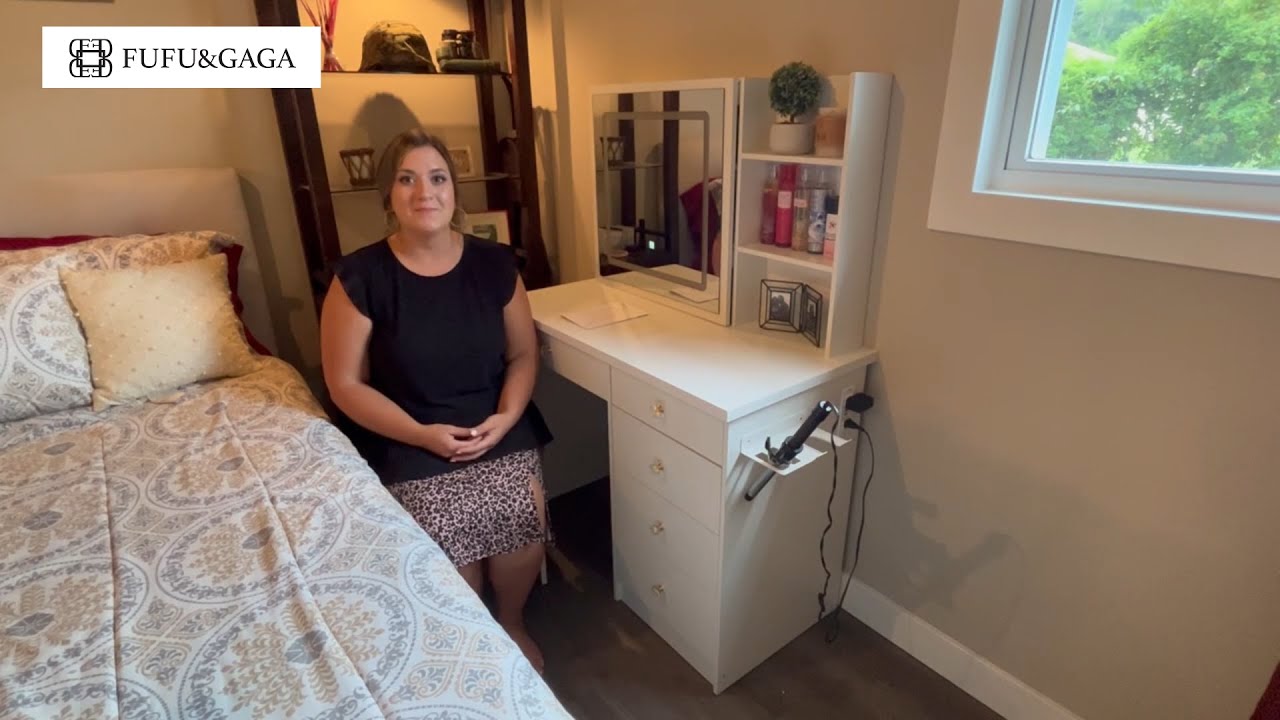 Vanity Desk With Lighted Mirror Bracket & Outlet review | FUFU&GAGA
